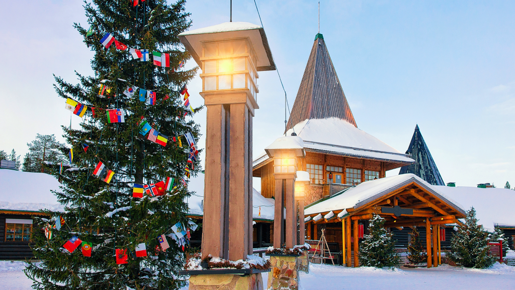 Lanterns in Santa Claus Village in Lapland Scandinavia New Year